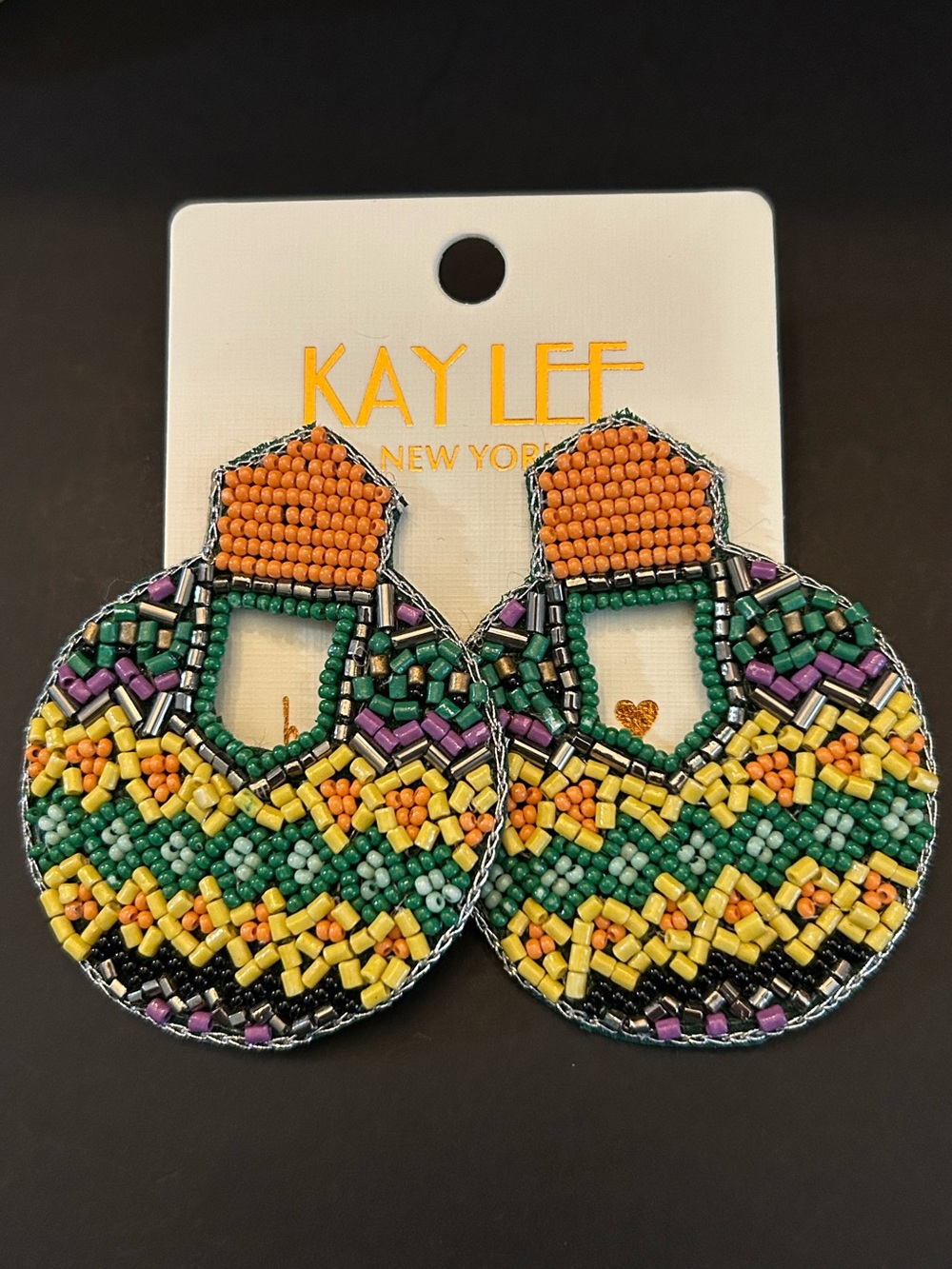 Kay Lee Multicolor Hand Beaded Boho Design Drop Earrings Green/Orange/Yellow